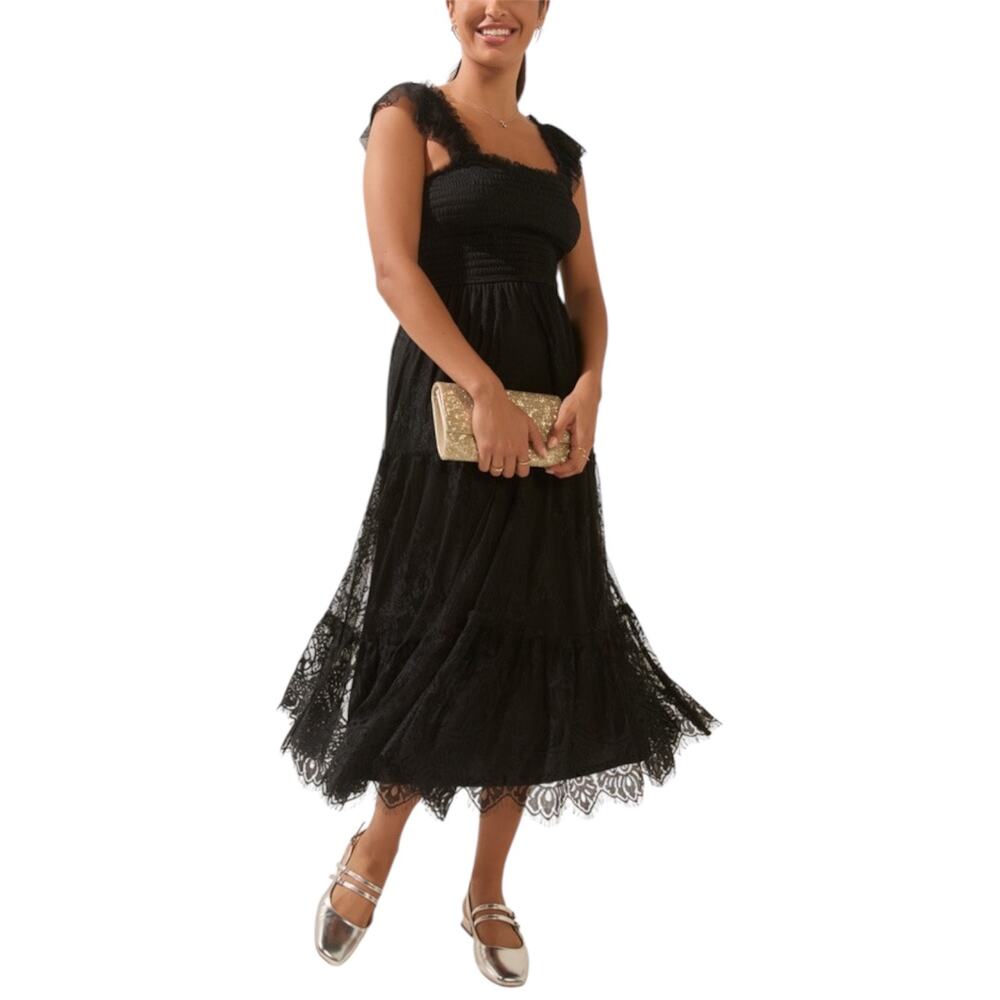 Francesca’s MiAmi Sandra Romantic Black Lace Tulle Midi Dress Women’s Medium NWT